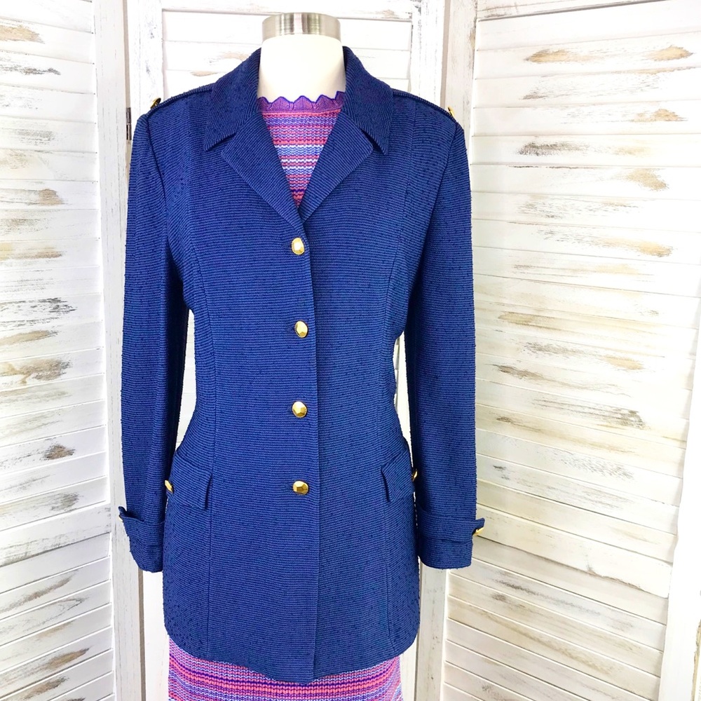 ST JOHN Blue Knit Blazer Gold Buttons 12